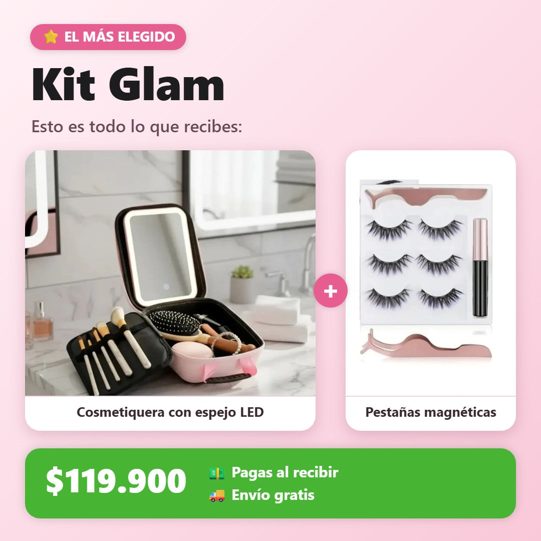 Kit Glam: cosmetiquera con espejo LED + pestañas magnéticas