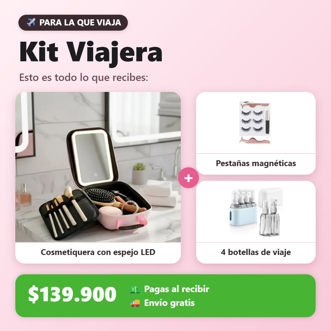 Kit Viajera: cosmetiquera + pestañas magnéticas + 4 botellas de viaje